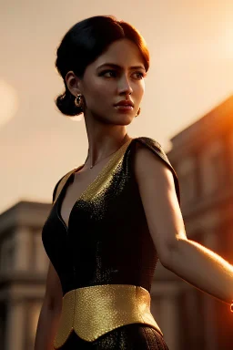 Young business woman, dark orange eyes, dark brown hair, elegant hair, gold hoop earrings, waist up portrait, 8k resolution, intricate details, ornate details, soft lighting, vibrant colors, retroanime, masterpiece, realistic, intricate eyeliner, dark eyeshadow, eyes,futuristic cityscape background