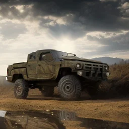 stylized hyperrealistic shot, muddy military pickup truck, guns mounted, monotone color palette, sharp focus, puddle reflection, tire water splash, refraction, mist on the horizon, shadowcast, god rays, detailed and intricate, cinematic composition, micro, tilt shift photography