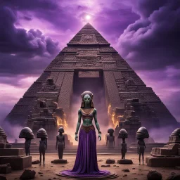 Hyper Realistic Beautiful-Alien-Cleopatra standing her prehistoric-pyramid with her alien-prehistoric-guards in-perfect-symmetrical-order & ancient ruins behind them with purple-cloudy-sky at dark-heavy-rainy-night giving dramatic & cinematic ambiance