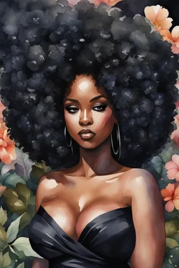 Create an watercolor image of a curvy black female wearing a black off the shoulder blouse and she is looking down with Prominent makeup. Highly detailed tightly curly black afro. Background of large black flowers surrounding her