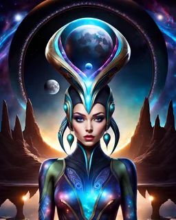 Realistic picture. alien gir l elf.Decorative clothing for the body. . Dawad is decorated. Cosmic skin. . Hello elements. Spiritual energy..It stands on an ashes of radiant glass, buildings and moon waterfalls. And planets Decorative trees, seafood