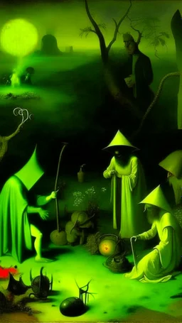 some mysterious figures, odd background, cinematic, Hieronymus Bosch, Max Ernst, vegetal life, rotten, ambient light, cry, ritual