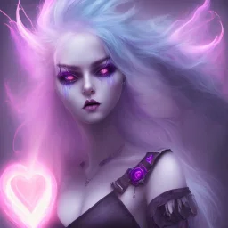 evil satanic girl with devil horns, colorful purple and blue hair, heart shaped eyes, angry, blue flaming halo, portrait