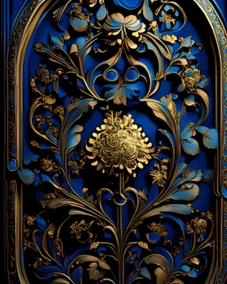 a stunningly intricate gold and blue door with an ornate flower design. The door is made of metal, likely bronze or gold, and has several decorative elements mounted on it. At the center of the door is a large flower motif that stands out against the dark background. The petals are intricately carved in a circular pattern, while small leaves adorn each side of the flower. A golden chain hangs from one side of the door, adding to its beauty and charm. On either side of this central motif are two
