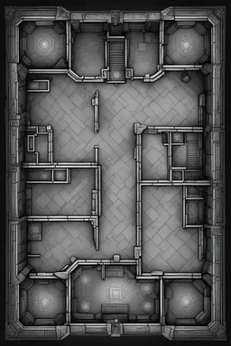 tabletop role-playing underground dungeon floor plan. seen from above. black and white line art in the style of path of exile, diablo, classic d&d-dungeons.