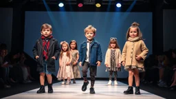 a luxury fashion show of 6-8 old years children showing modern clothing