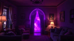 purple magic portal in a cosy room in the evening, a cinematic lens