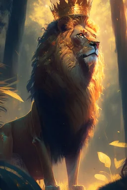 a lion with a crown, Regal, Majestic, Golden lighting, jungle background, Realistic, Detailed, Digital painting, art by alena aenami, Greg Rutkowski, alex konstad, trending on artstation.