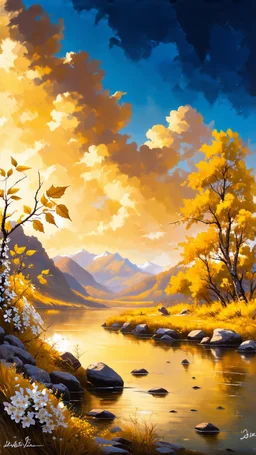 view of mountain landscape at the golden hour with clouds at the sky on a river with gold branch ,leaves and white flowers on the side ,oil paint style