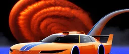 award winning car and driver photograph of a futuristic station wagon dirigible hybrid designed by only one vehicle per image painted metallic orange traveling at a high rate of speed, jet intake off of front center of vehicle and jet exhaust out the rear with bright blue flame, bilaterally symetrical, more a high speed road vehicle