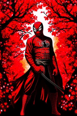 Spider-Man in black and red kimono background the Sakura tree