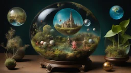 Hieronymus Bosch style nightmares plants in the galaxy , the plant earth globe, crystal balls