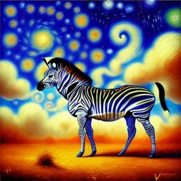 Dibujo al oleo de una Zebra pintada con muchas nubes de colores estilo Vincent van Gogh