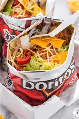 "Taco in a Bag" which consists of an open Doritos chip bag with sides rolled down, containing Doritos chips and cooked ground beef and lettuce and shredded cheese and chopped tomato pepper and onions and topped with more nacho chips, food blogger photography