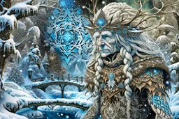 Double exposure: a kind snow troll, hair made of dry branches covered in snow, tits perched on the hair-branches, a sheepskin coat woven from dry leaves and twigs covered in snow, and a winter landscape depicting a fairytale rounded bridge, a tree made of snowflakes painted with frost, filigree kaleidoscopic patterns of frost. Highly detailed textures: a fairytale illustration, splashes of white and gold paint, rich texture, distant and deep space, dreamy watercolor and liquid filigree acrylic.