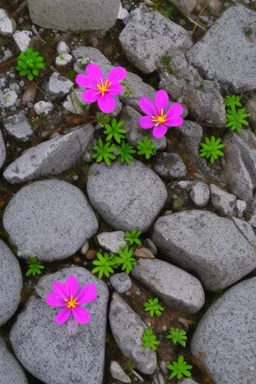 small beautiful flowers grow out of cracks in the grey stones and rocks