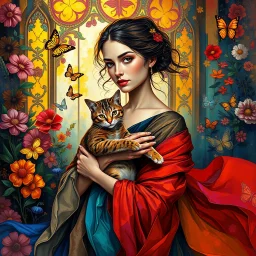 A vibrant, artistic portrait of a woman holding a cat, with rich, layered, and vivid colors. The woman is surrounded by flowing fabrics in bold hues, intricate floral patterns in the background, and dynamic brushstrokes that create a sense of movement. Add golden light filtering through stained-glass windows, delicate butterflies fluttering around, and abstract geometric shapes blending into the scene. The style is expressive, painterly, and immersive, evoking a sense of wonder and depth.