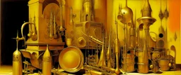 A golden yellow fortress made out brass instruments painted by Max Ernst