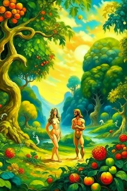 Adam and Eve in a very beautiful paradise, in the style of oil painting