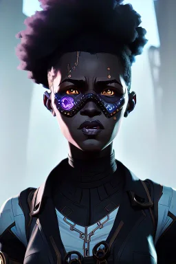 portrait,beautiful black woman, afro hair, post-apocalyptic in a cyberpunk city, realistic, intriacte detail, sci-fi fantasy style, volumetric lighting, particales,highly detailed,cinamatic, deep colours,8k