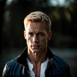 portrait of a 35 year old Handsome muscular male. tall with pale skin and short blond hair with five a clock shadow. wearing jeans and a white shirt