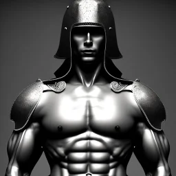 Muscular man sculpture, background = BLACK with a bit of mist, roman warrior, armor, helmet