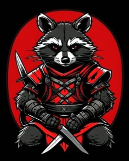 racoon samurai with a katana, into an armor, red black colors,