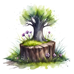 watercolor drawing of a tree stump with grass and flowers on a white background, Trending on Artstation, {creative commons}, fanart, AIart, {Woolitize}, by Charlie Bowater, Illustration, Color Grading, Filmic, Nikon D750, Brenizer Method, Perspective, Depth of Field, Field of View, F/2.8, Lens Flare, Tonal Colors, 8K, Full-HD, ProPhoto RGB, Perfectionism, Rim Lighting, Natural Lighting, Soft Lig