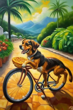 oil painting with a dog biking with a pizza hawaii