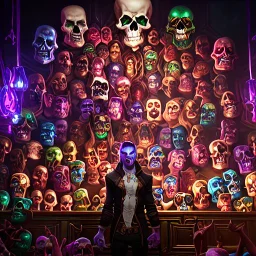 a picture of a dark, comedic, anatomically correct wall of colorful tightly packed skulls of varying sizes and expressions, photo realistic, insanely meticulous, highly detailed, part of a collection of bones on display, 64k, dystopian, vray