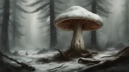 a huge whitish mushroom between the pines, around the forest and falling snow, post-apocalypse, dark colors, Luis Royo & Raymond Swanland & Alyssa Monks & Anna Razumovskaya