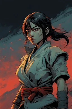 Original anime Japanese female kungfu warrior main character . Studio ghibli style mixed with Frank Frazetta. Mobius style background. Iconic character design. Dynamic silhouette . Unique features. Make the eyes the focal point. Dystopian sci-fi . Stone cold killer. Brilliant use of color theory and cinematic lighting. cubism style, cartoon style