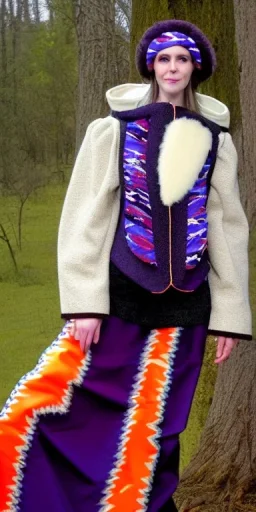 Caucasian white woman black hair. average body type. Mantle is sewed of recycled Denim and sewed together of camouflage pieces. Patterns are composed of orange, cream, blue, lilac and purple. blue latex gaiters. It is with big bright purple felt tippet and cream-colored-hood. mantle is merged with tippet. Big AKG-style headphones (gold rings!) is merged with small felt cap with small visor. Style: Haute Couture, 1920's, Paris fashion, late nineties, street art.