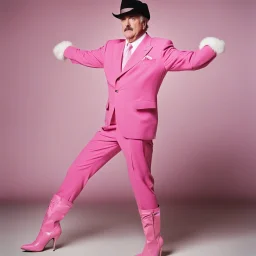 John Cleese with massive muscles in a pink battlesuit pink gloves and pink high heel boots. The Ministry of Silly Walks.