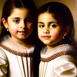 portrait of sisters Eira Santiago Arnau(ten year old, dark blonde) and Dalia Santiago Arnau (six year old, brunette) by Velazquez,smiling, oil on canvas, cinematic composition, extreme detail,8k,fit full head inside picture,