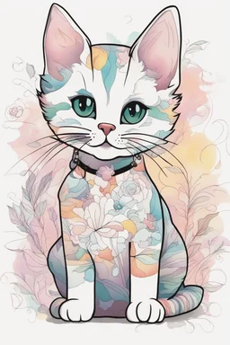 A playful kitten, adorned in a dainty floral dress, surrounded by a sea of pastel colors on a blank white canvas, with bold black lines and precise outlines.