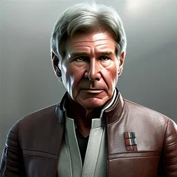 stunning photo realistic detailed head to waist portrait of harrison ford as han solo in star wars with photo realistic short hair by alice zhang,Sam Spratt, Yi Fan, Houston Sharp, Matija Obrovac, Sharp focus, brown eyes, realistically weathered skin,space jacket from star wars, octane render, intricate