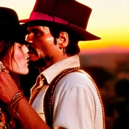 johnny depp as indiana jones kissing a model, in ancient rome, at sunset.