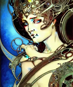 Realistic detailed face portrait of a beautiful futuristic beautiful top model in opus design lent alien glass armor by alphonse mucha, ayami kojima, amano, greg hildebrandt, and mark brooks, female, feminine, art nouveau, ornate italian renaissance cyberpunk, iridescent venetian blown glass, neo - gothic, gothic, character concept.