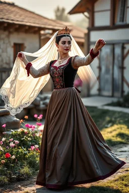 A full-body cinematic photograph of a graceful Azerbaijani woman performing a traditional national dance. She wears an intricately embroidered velvet bodice and a flowing long silk skirt. On her head is a small ornate traditional crown with a long, translucent white lace veil flowing elegantly behind her. She stands in a poised, elegant dance pose in a pretty country side village with dramatic professional spotlighting. next to river flowers