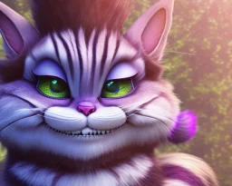 cheshire cat in a tree, leaning on a branch, wide grin, glowing eyes, pink and purple, alice in wonderland, signpost pointing in different directions