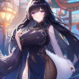 Clear focus,High resolution, Black long fluffy hair, and purple eyes, wearing a chinese dress, cute