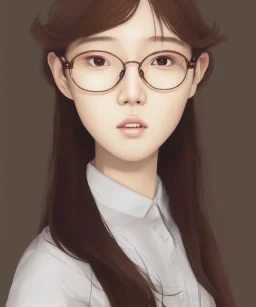 a realistic portrait of beautiful young Korean gamer girl ,hands on the Chen , brown hair, round glasses,white headfone,adorable, seductive and sexy looking, slight smile, intricate, elegant, highly detailed eyes, digital painting, 8k, artstation, concept art, smooth, sharp focus, illustration, studio quality, art by victo ngai