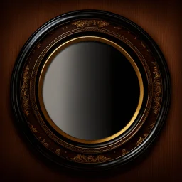 Empty Picture frame, round circular, dark wood, golden inlays, pirate style