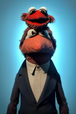 Waist up muppet Portrait, Xi Jinping as muppet doll, Black suit, photo studio, blue background, unreal engine 5, concept art, art station, god lights, ray tracing, RTX, lumen lighting, ultra detail, volumetric lighting, 3d.