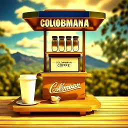 Captivating 3D rendering of a vintage style photograph of a coffee stand, adorned with the elegant word "Colombian Coffee", the stand is surrounded by coffee beans on a wooden table. Stand filled with steaming coffee, giving off a cozy atmosphere In the background the Colombian mountains with coffee crops, and a bright blue sky. The image is illuminated by a welcoming glow that evokes a feeling of nostalgia., typography, 3D rendering, far below a small text, "By: PalomoArtStudio" .