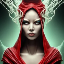 This spider woman is a fearsome sight to behold, with the body of a human woman and the head and legs of a spider. She is draped in a flowing red cloak, with a hood that covers her spider head. Her skin is covered in shimmering black scales, and her eyes glow a bright, otherworldly green. She is fast and agile, able to climb walls and ceilings with ease. She has venomous fangs and sharp claws, and she can spin webs of magical energy to ensnare her enemies. She is intelligent and cunning, and she