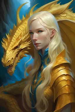 An epic painting of a golden, fantasy dragon. It should also include a heroic, beautiful blonde girl wearing a blue cloak with a hood and wielding a golden dagger. The girl's face should be symmetrical. The painting should have an epic fantasy backdrop.
