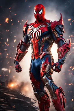 Spiderman in a robot transformer, super suit with spikes on his arms and shoulders, explode, hdr, (intricate details, hyperdetailed:1.16), piercing look, cinematic, intense, cinematic composition, cinematic lighting, color grading, focused, (dark background:1.1) by. Addie digi