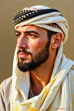 A young Palestinian man, forty years old, wearing a keffiyeh, his face is beautiful, his face is turned to the right, his eyes are looking to the left, he appears to be drawn with oil paints